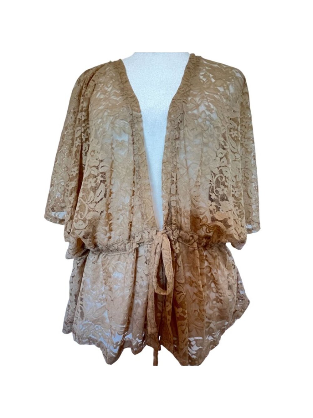 Fairycore Floral Lace Kimono Cardigan Champagne Taupe Coquette Boho Layering L - Picture 2 of 12